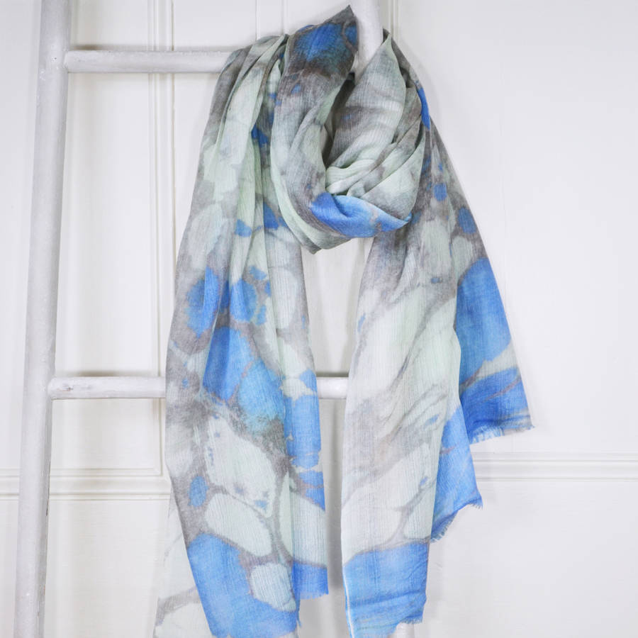 Capri Blue Aqua Marble Print Wool Silk Scarf By Edition de Luxe ...