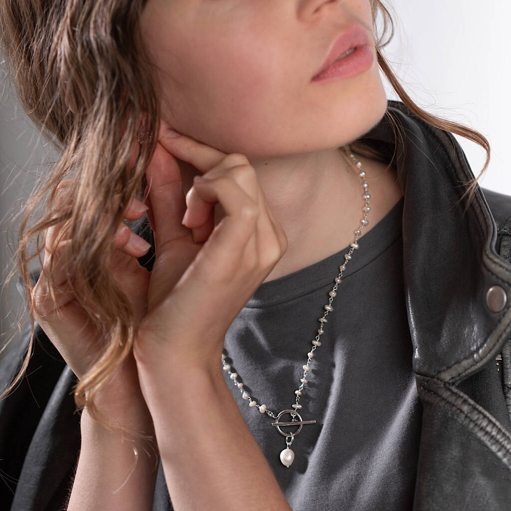 Sterling Silver And Pearl T Bar Necklace By Clover and Swift