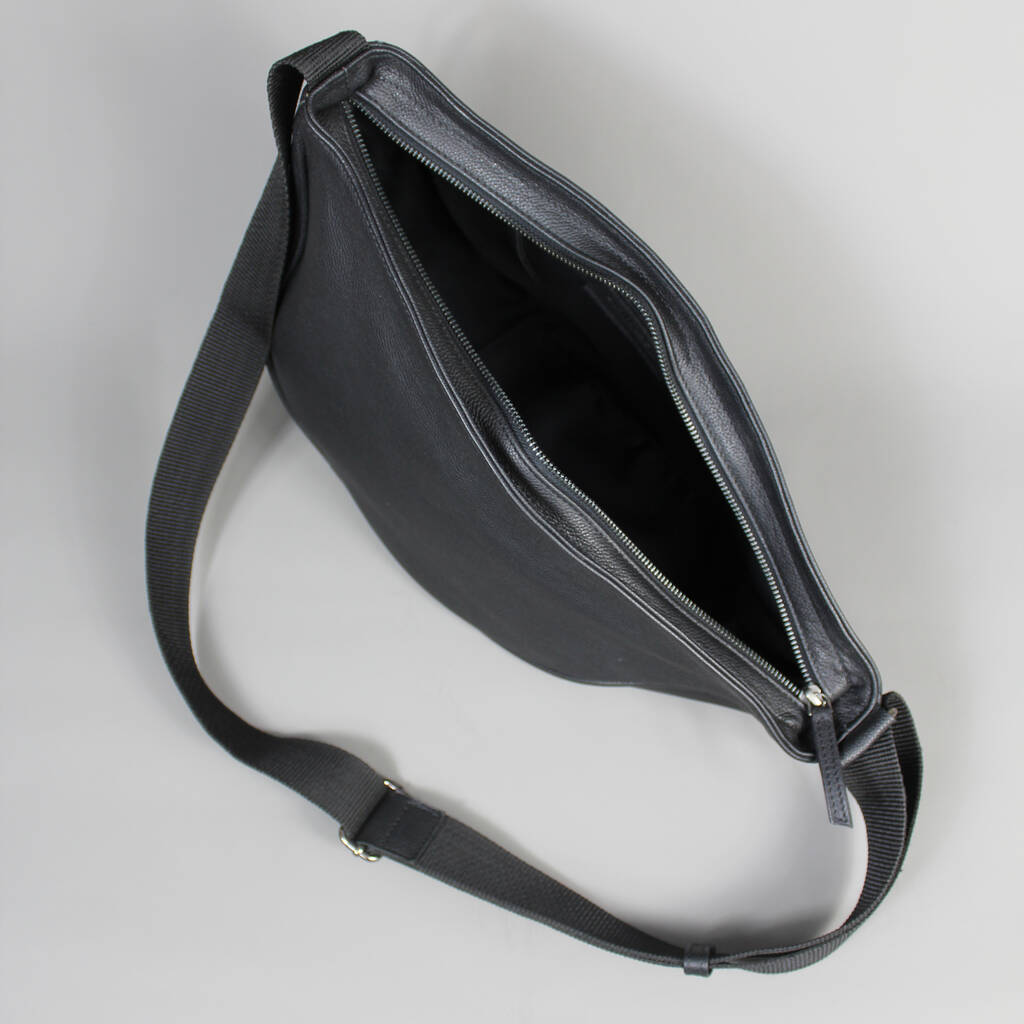 Black Leather Crossbody Sling Bag With Gunmetal Zip By Vintage Child