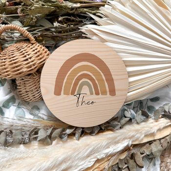 Personalised Earthy Rainbow Name Plaque | Wooden Nursery Name Sign, 3 of 10