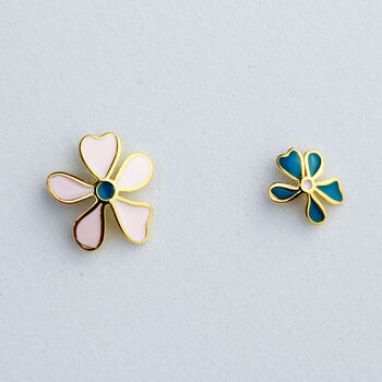 Sterling Silver Asymmetrical Colourful Flower Stud Earrings, 3 of 6