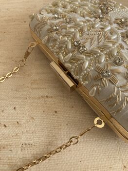 White Handcrafted Rectangular Pearl Clutch Bag, 10 of 10
