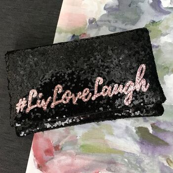 Black Or Navy Sequin Personalised Slogan Clutch, 6 of 9