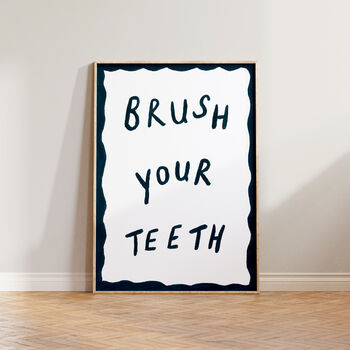 Brush Your Teeth Dark Blue Bathroom Hand Painted Print, 3 of 5