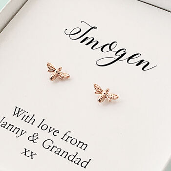 Personalised Little Rose Gold Plated Bee Earrings, 2 of 3