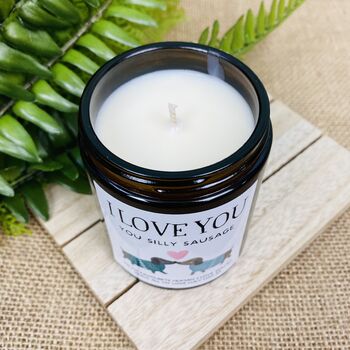 Personalised Silly Sausage Dog Valentines Amber Candle, 2 of 4