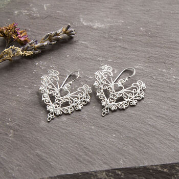 Sterling Silver Dangly Lace Heart Earrings, 2 of 4