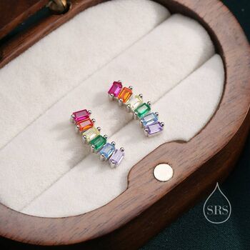 Sterling Silver Rainbow Baguette Cz Stud Earrings, 2 of 11
