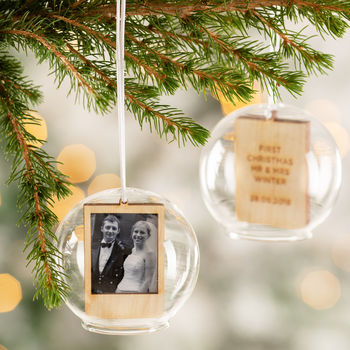 Personalised Wooden Mr And Mrs Photo Glass Dome Bauble, 2 of 3