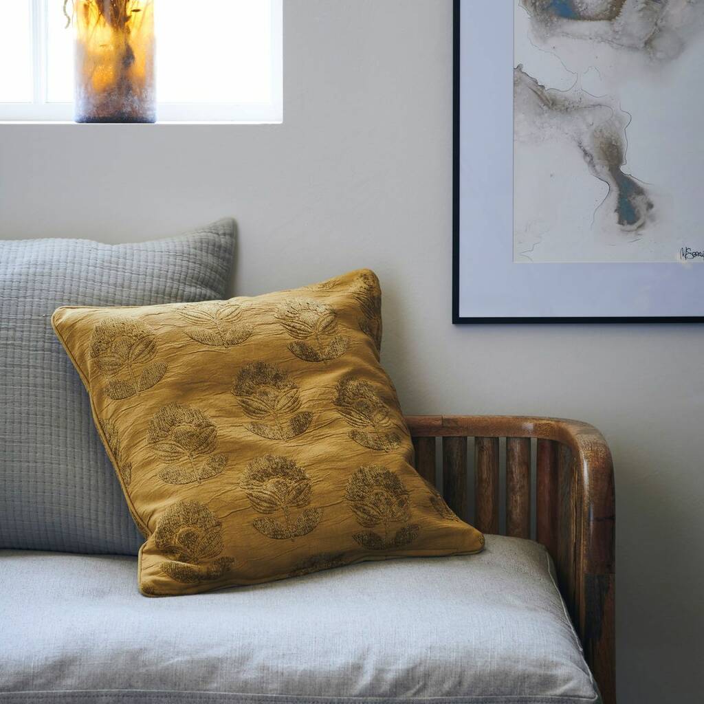 Cushion, Velvet, Mustard Embroidered, 1 of 3