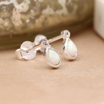 Mini Sterling Silver Teardrop White Opal Stud Earrings, 6 of 10