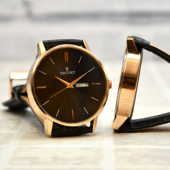 Personalised Men’s Black And Rose Gold Wrist Watch, 3 of 6