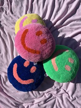 Handmade Tufted Hot Pink And Orange Smiley Face Cushion, 3 of 4