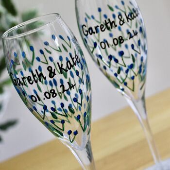 Pair Of Wedding Personalised Glass Champagne Flutes, 6 of 10