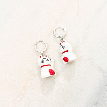 Lucky Maneki Neko Cat Huggie Earrings, 2 of 2