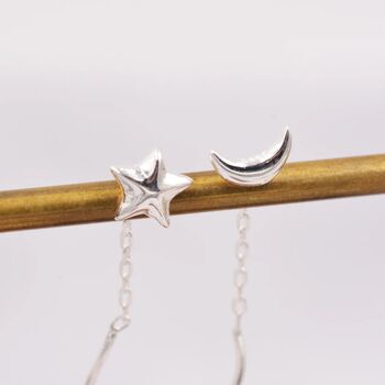 Moon And Star Threader Earrings In Sterling Silver, 4 of 9