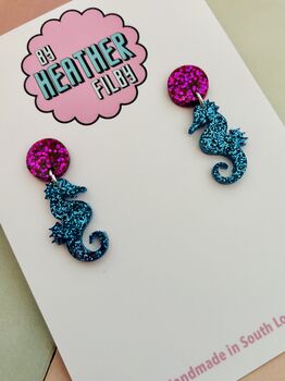 Blue And Pink Small Seahorse Glitter Earrings / Gift For Mermaid Lovers / Seaside Vacation Or Summer Cruise Accessory, 4 of 4