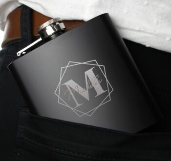 Personalised Geometric Initial Black Hip Flask, 3 of 6