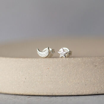 Sterling Silver Mini Mismatch Star And Moon Studs, 5 of 9