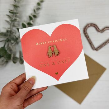 Love Heart Penguin Couple Wooden Christmas Card, 2 of 3