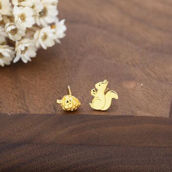 Mismatched Squirrel And Pinecone Nut Stud Earrings In Sterling Silver, 5 of 12