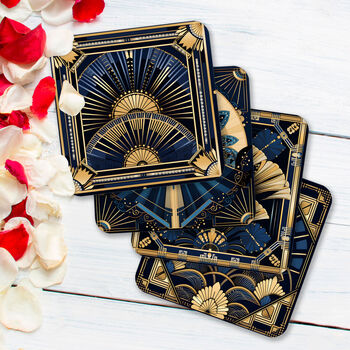 Deco Elegance In Blue Set Of Four Pu Leather Coasters, 5 of 8