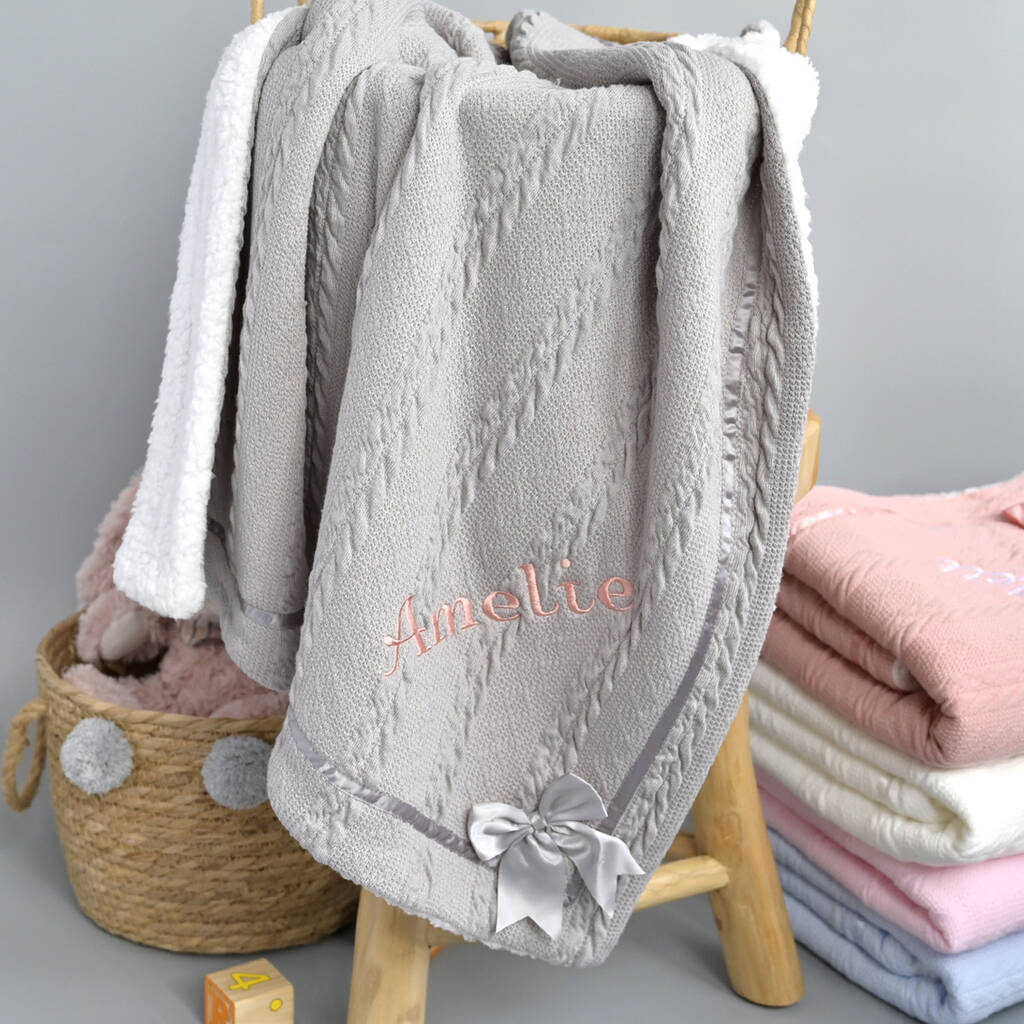Personalised Knitted Grey Blanket With Bow, 1 of 9