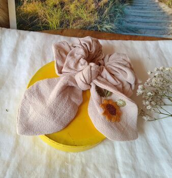 Bunny Bow Linen Scrunchies With Hand Embroidered Flower, 5 of 10