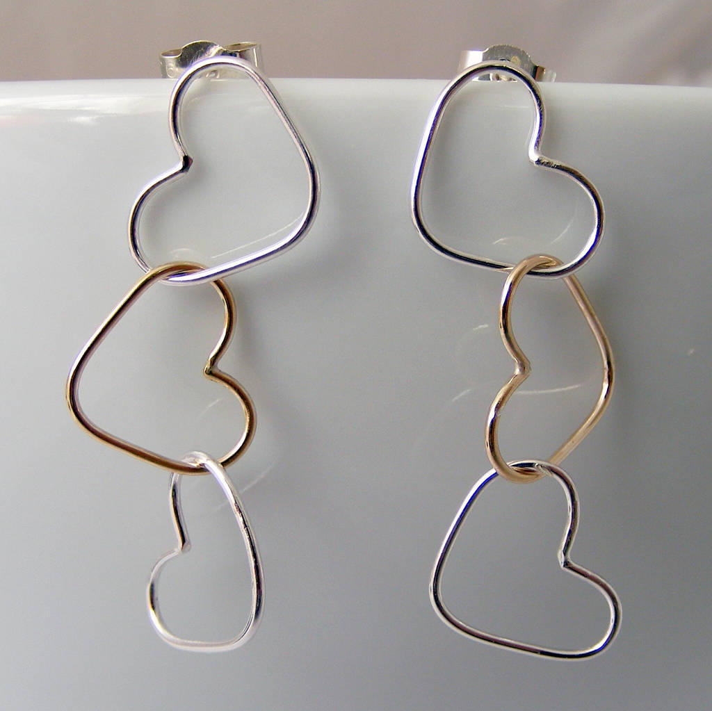 Gold And Silver Triple Heart Earrings By Tanya Garfield Jewellery