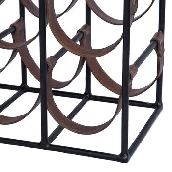 Square Leather And Metal Nine Bottle Sling Wine Rack, 8 of 8