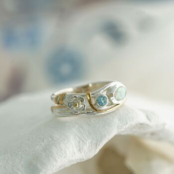 Blue Topaz And White Fire Opal Flower Ring, 5 of 9