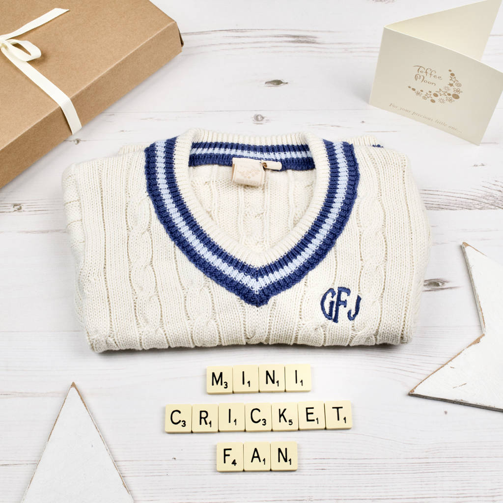 personalised baby boy cricket jumper by toffee moon