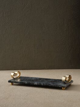 Handmade Rectangular White Marble Tray With Gold Square Handles, 6 of 9