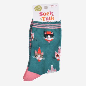 Women's Bamboo Socks Green Pink Party Cats, 5 of 5