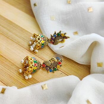 Small Intricate Peacock Colourful Indian Boho Jhumkis, 5 of 5