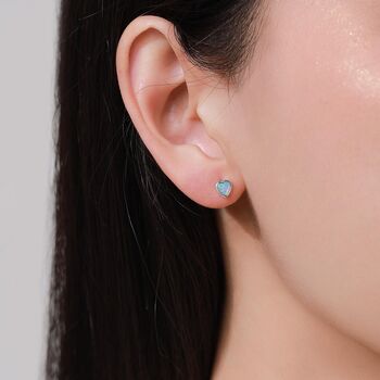 Blue Opal Heart Screw Back / Flat Back / Stud Earrings In Sterling Silver, 5 of 12