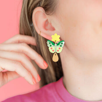 Butterfly Flower Dangle Drop Earrings In Green, 2 of 2