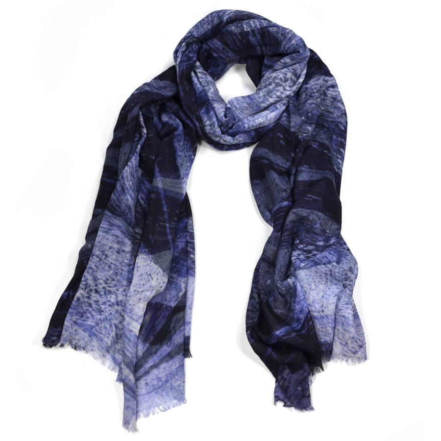 Iris Blue Marble Print Wool Silk Blend Scarf By Edition de Luxe ...