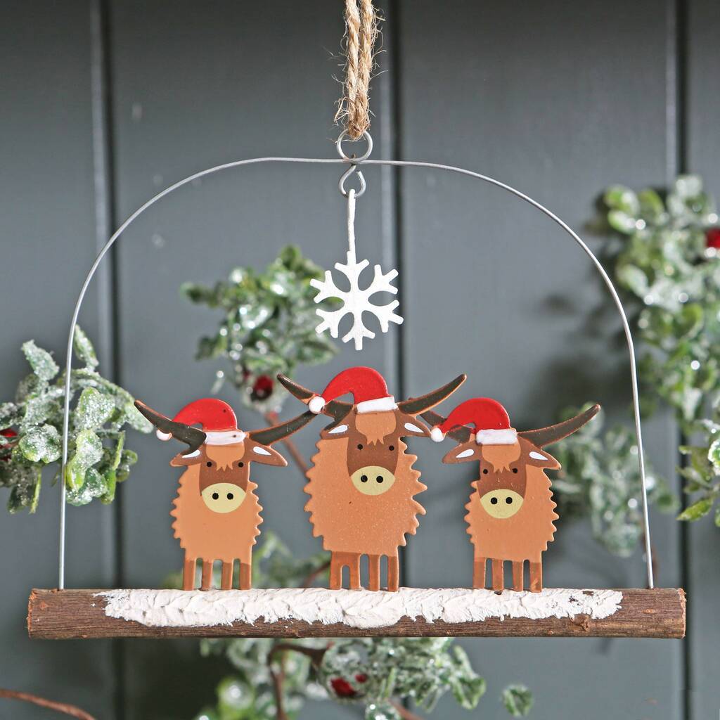 Trio Of Highland Cow Coo's In Santa Hats By Red Berry Apple