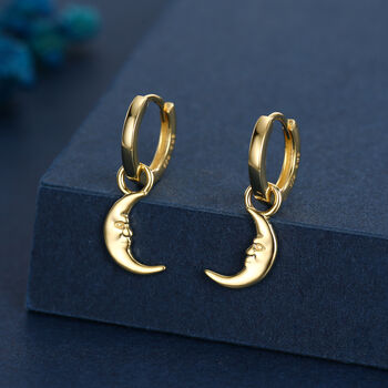 Sterling Silver Crescent Moon Face Hoop Earrings, 6 of 12