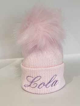 Embroidered Pink Single Pom Pom Knitted Baby Hat, 5 of 6