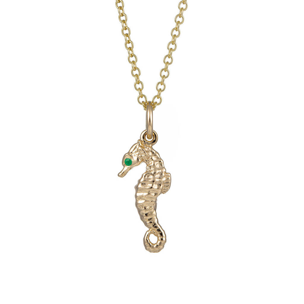 nine carat gold seahorse necklace with emerald by lily charmed ...