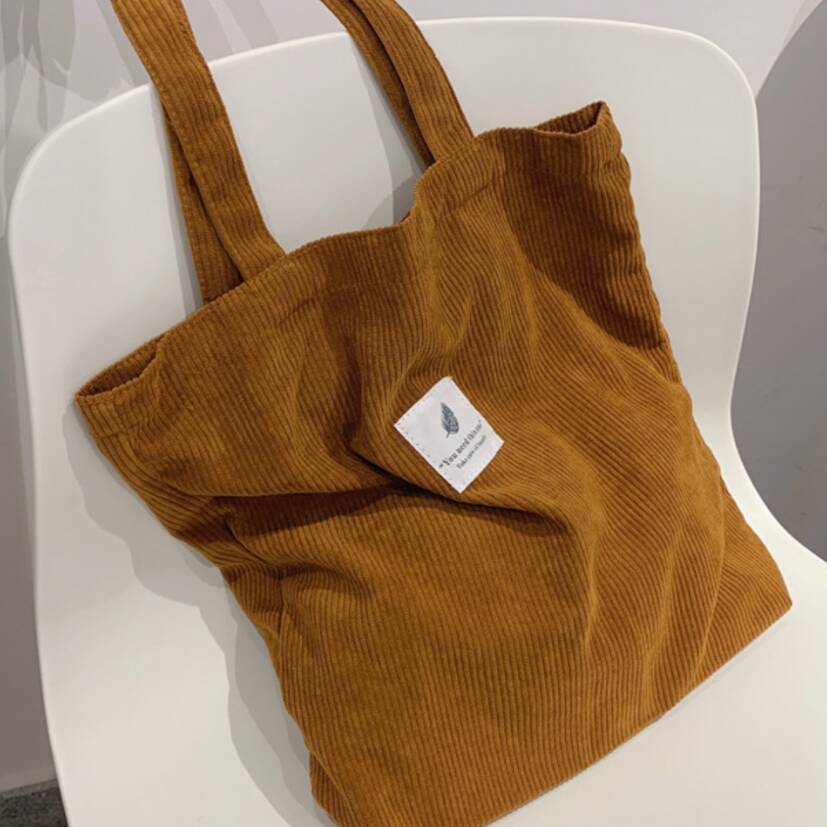 Brown Grey Corduroy Tote Shoulder Bag, Lightweight School Bag, 1 of 3