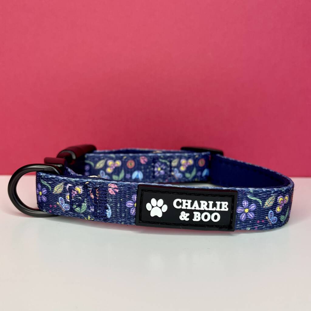Navy And Pink Floral Dog Collar, 1 of 3