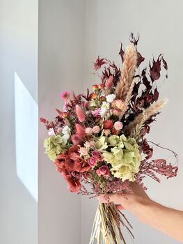 Dried Acer And Hydrangea Bouquet In Red Pink Tones, 5 of 6