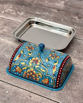 Handpainted Blue Patterned Butter Dish, 2 of 5