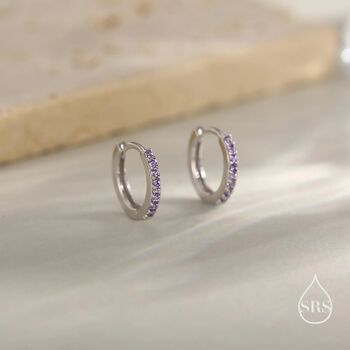 Sterling Silver Amethyst Purple Cz Huggie Hoops, 2 of 12