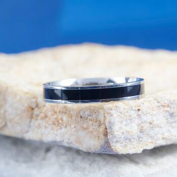 Black 6 Mm Engraved Band Ring, Black And Silver Personalised Ring, 4 of 12
