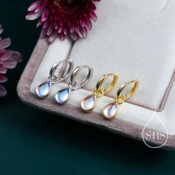 Moonstone Droplet Huggie Hoop Earrings, 2 of 10