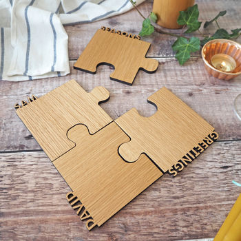Set Of Four Personalised Cut Out Wooden Jigsaw Coasters, 2 of 12